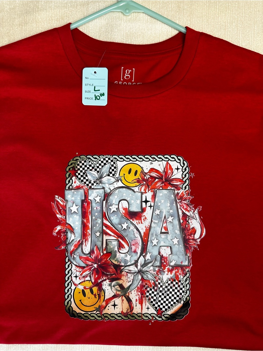 George Red Short Sleeve Tee with USA Graphic and Floral Smiley Design